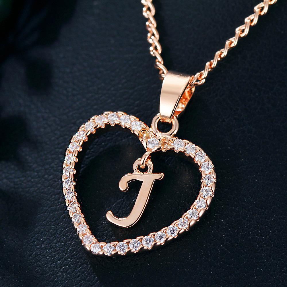 Heart Pendant Zircon Letter Necklace - 26 Letters Available