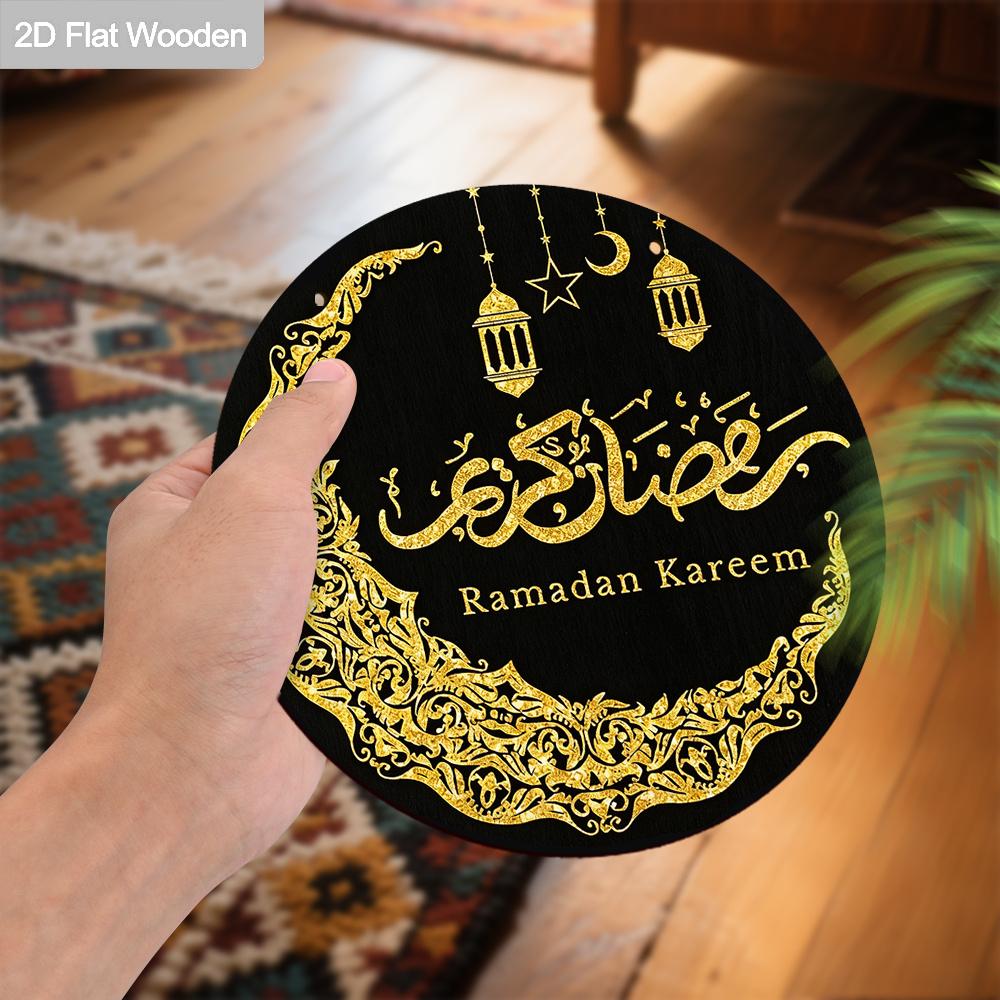 2D Flat Black & Gold Ramadan Round Wooden Hanging Sign - Islamic Calligraphy & Moon Design Decor for Ramadan, Eid, Muslim Home, Front Door