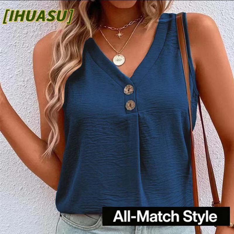 QICED Women's Fashion Casual Solid Color Print Sleeveless V-Neck Blouses & Shirts