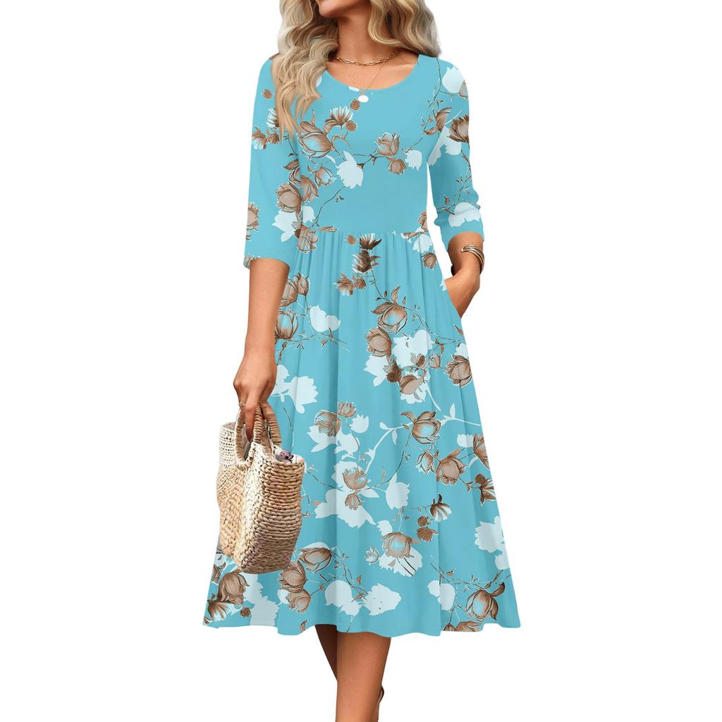 3/4-Ärmel Damenkleid Lässig Fließend A-Linie Midi T-Shirt Kleider mit Taschen Rundhalsausschnitt Urlaub Boho Strand Sommerkleid