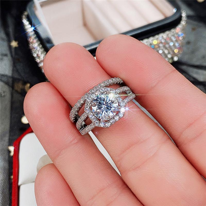 2pcs/set Aesthetic Engagement Rings Female Shiny Crystal CZ Chic Bridal Wedding Accessories Delicate Women's Jewelry Gift