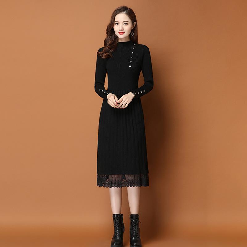 Dámské úzké dlouhé svetrové šaty na jaro a podzim s dlouhým rukávem, pletené, s vysokým pasem