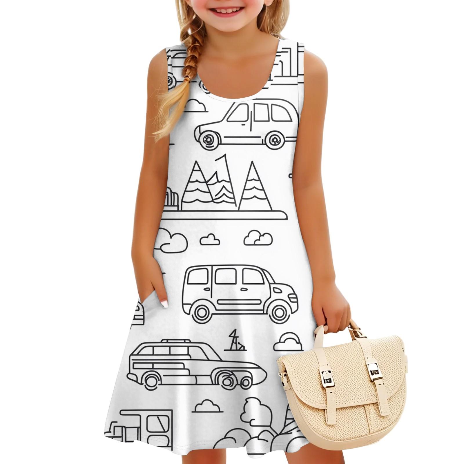 

Kids Sleeveless U Neck Summer A-Line Casual Paintable Doodle Colour Dresses 140 хаки