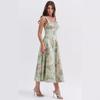 Women Fashion High Waist V Neck Backless Spaghetti Strap Print Ankle Length Trendy Design Dress