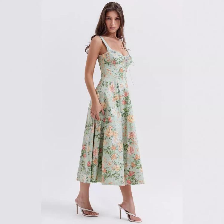 Women Fashion High Waist V Neck Backless Spaghetti Strap Print Ankle Length Trendy Design Dress