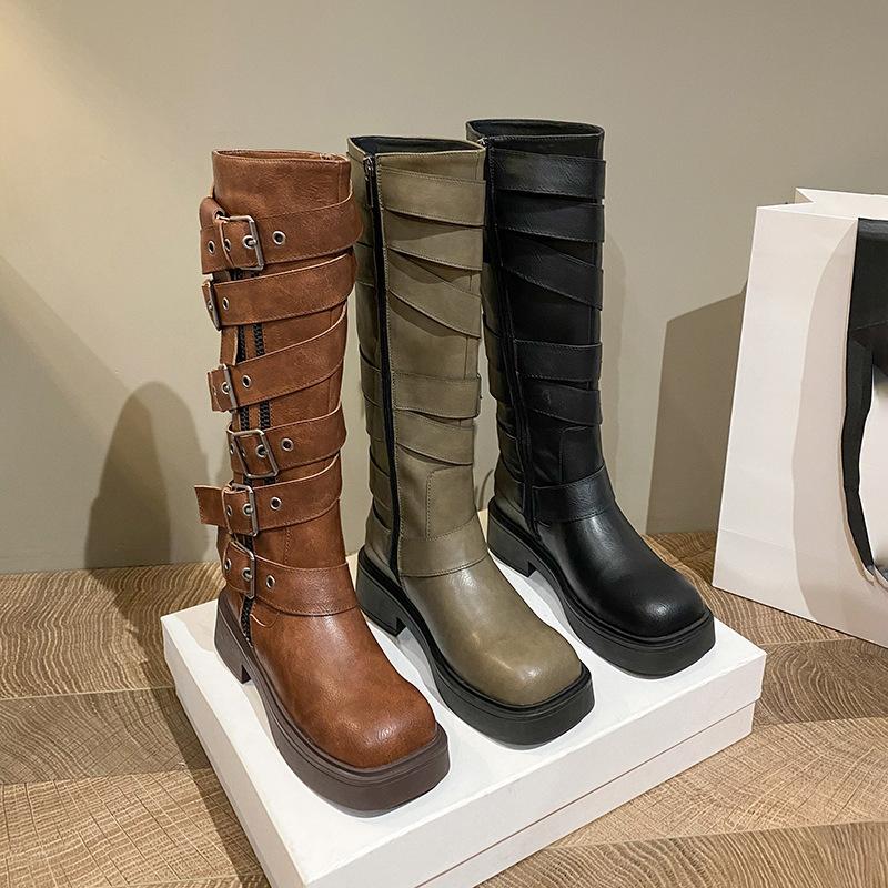 Wasteland Wind Boots 2025 New Women's Shoes Thick Sole But Knee Fat Mm Round Head High Boots Widened Locomotive Boots