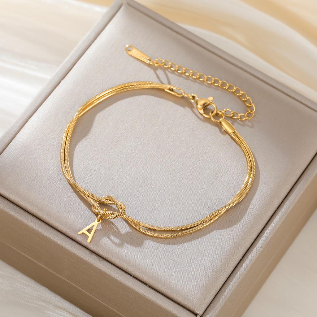 Initial Letter Love Knot Bracelets Women Men Couple Stainless Steel Gold Snake Chain Bracelets A-Z Alphabet Jewelry