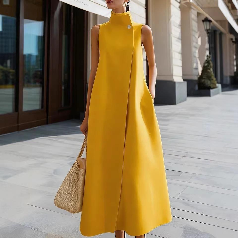 Abito midi elegante da donna, a maniche corte, con colletto alla coreana, monopetto, tinta unita, vestibilità larga, linea ad A, lungo, da ufficio