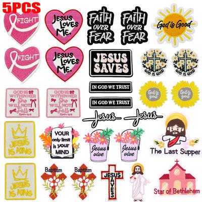 5pcs Wholesale Cartoon Jesus Embroidered For Clothes Iron On Patches For Clothing Hats Backpack Jackets Sew Embroidery Badges 