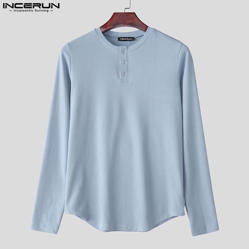 INCERUN Men Round Neck Long Sleeve Rib Casual Fitted Tops T-shirts Undershirts