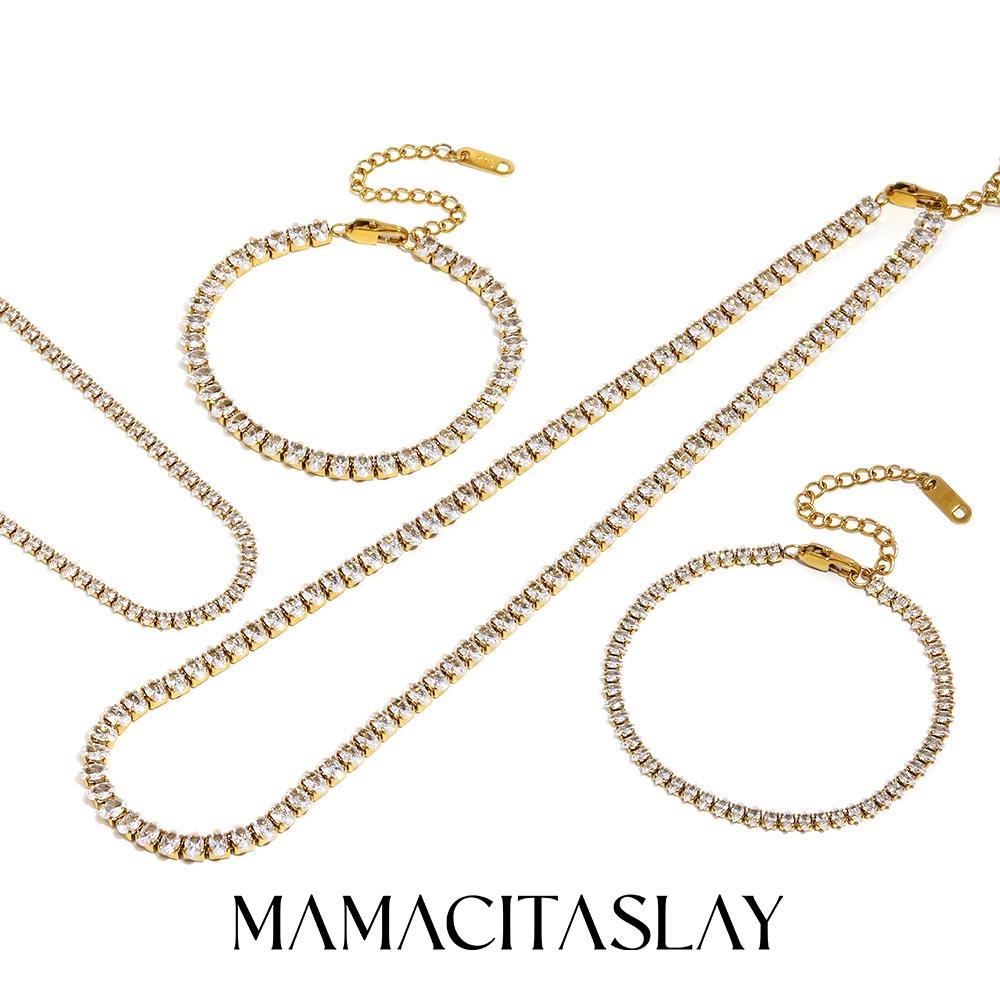 MamacitaSlay 316L Stainless Steel AAA Zircon Bracelet Necklace 18K Gold Plated Waterproof Jewelry Set Women's Luxury Jewelry