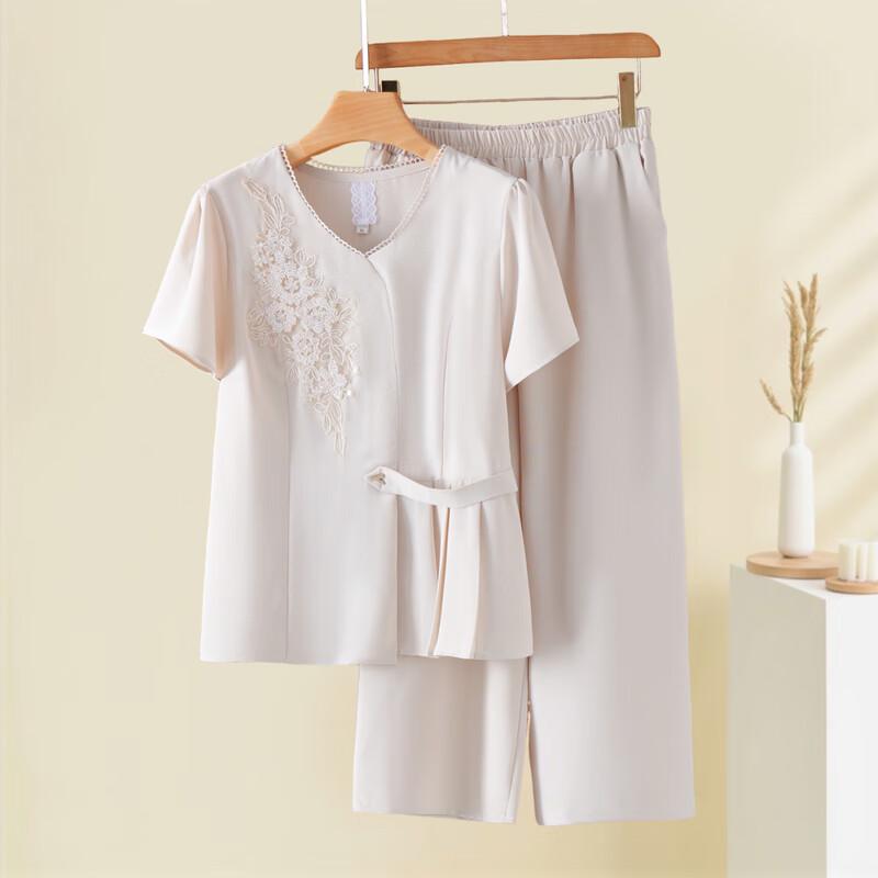 Xiaofu Mid-Aged Women's Embroidered Summer Two-Piece Set