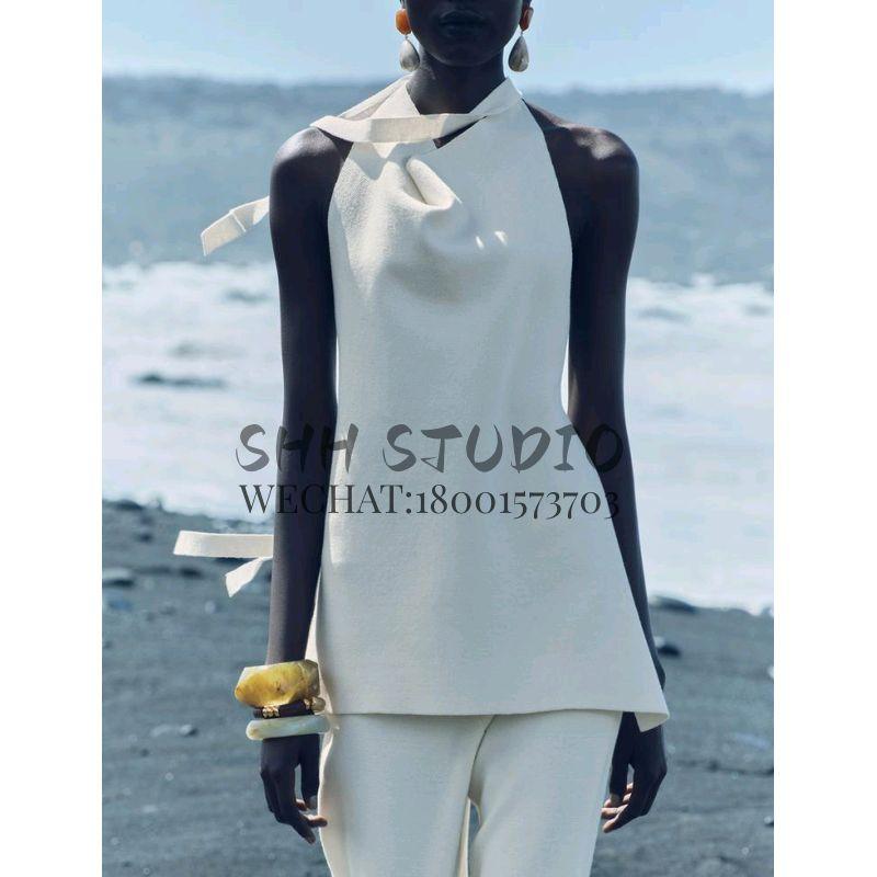 Spring New Temperament Hanging Collar Open Back Knitting Tops 2893013 High Waist Wide Leg Pants 2893014