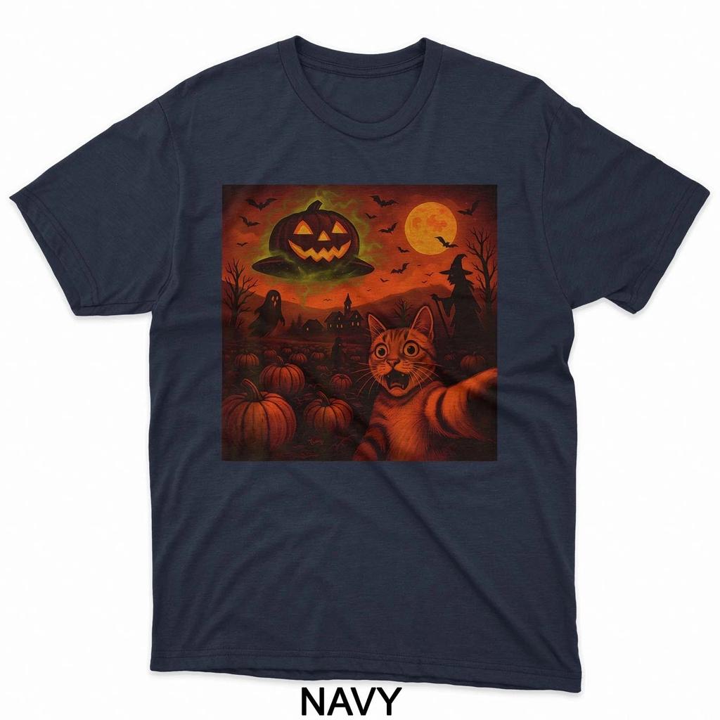 HOT SALE Funny Halloween Cat Selfie Pumpkin Ghost T-Shirt Gift New T-Shirt Soft  Round-neck Tee Streetwear Style