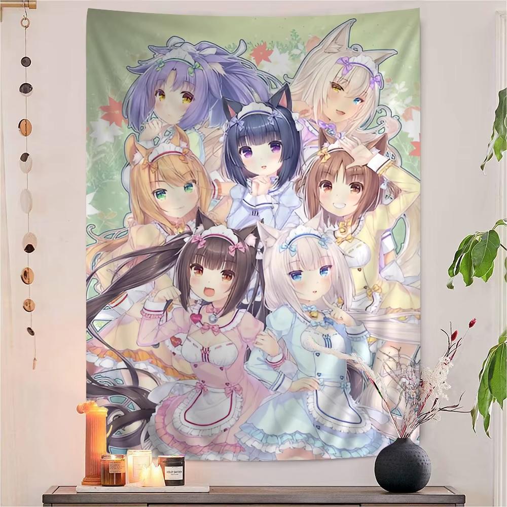 Nekopara Catgirls Tapestry, Chocola & Vanilla Maid Character Collage Print, Kawaii Neko Anime Wall Hanging for Bedroom Decor 100X70CM