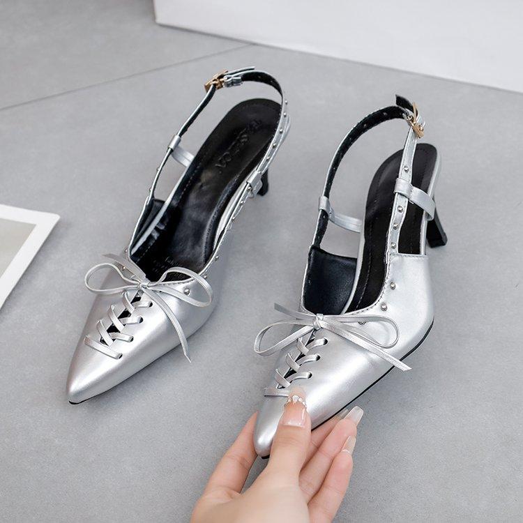Pointed Toe Sandals Women's 2024 Spring/Summer New Versatile Thin Middle Heel Bow Muller Shoes Lace Up Slingback Sandals