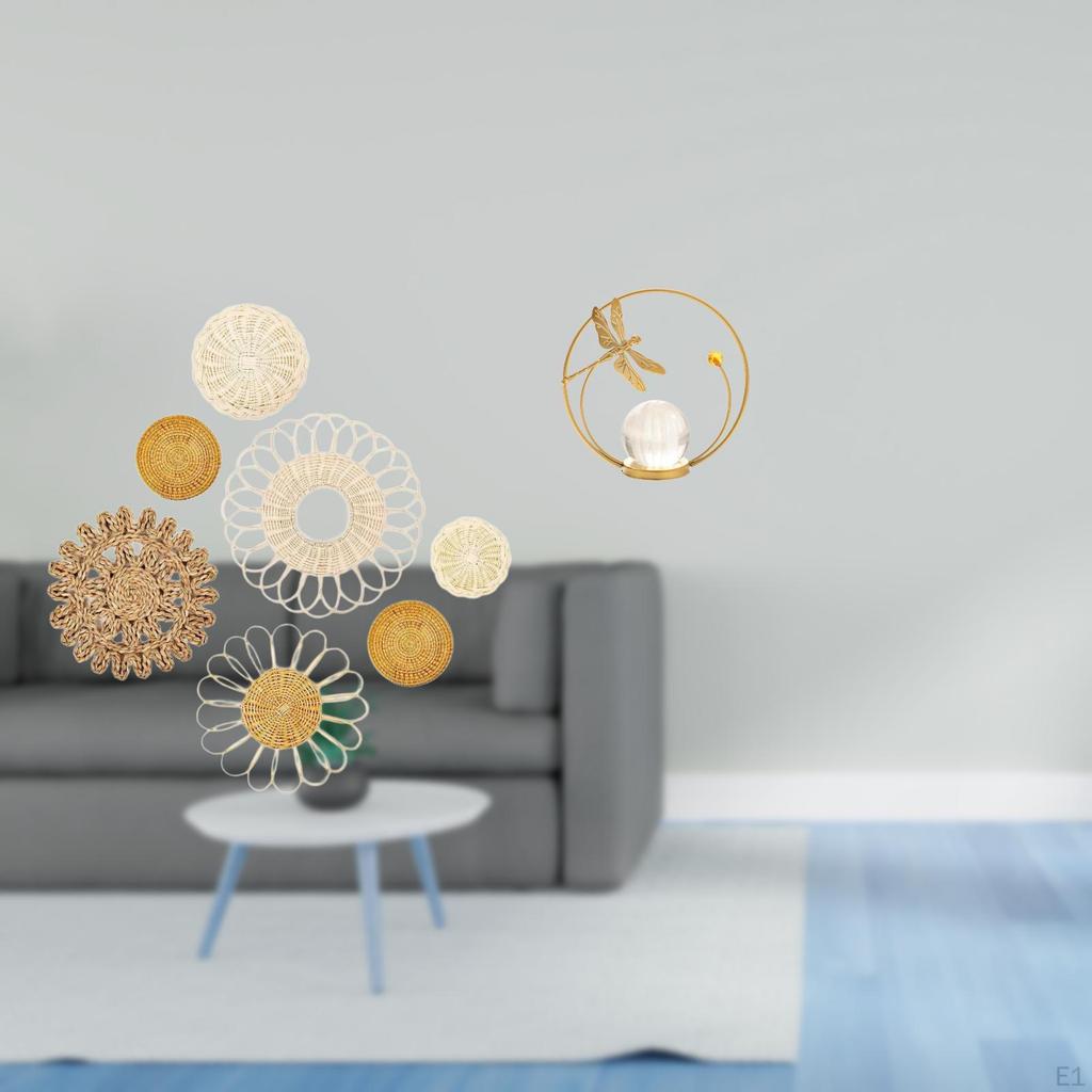 Rattan Woven Wall Art And Crystal Ball Sculpture Metal Figurine for Hallway Bedroom Living Room