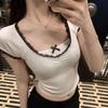Lace Trim Bow Short-Sleeve Women's Summer Slim Fit Top