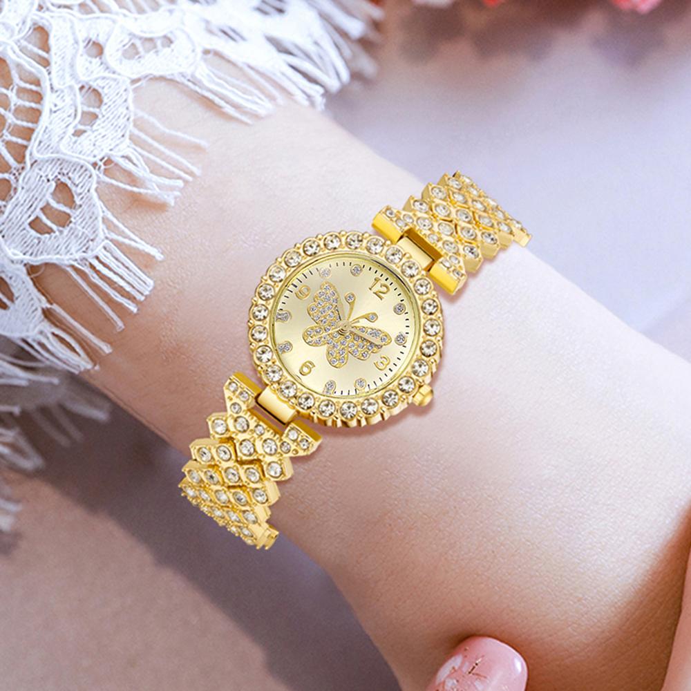 5PCS Golden Ladies' Watch Set Luxury Trendy Butterfly Element Dial Quartz Watch Bracelet Set Perfect Holiday Gift