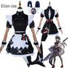 Costume Completo Cosplay di Ellen Joe, Abito da Cameriera Nero da Donna con Coda di Squalo, Parrucca Sfumata Blu‑Nero per Halloween Comic‑Con