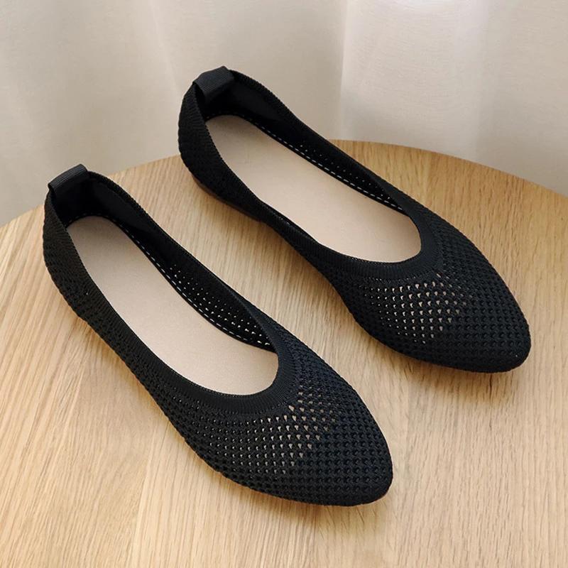 Spring Women Pointed Toe Ballet Flats summer Ladies Comfort Knit Fabric Slip on Shallow Loafers Office Soft Bottom Boat Shoes