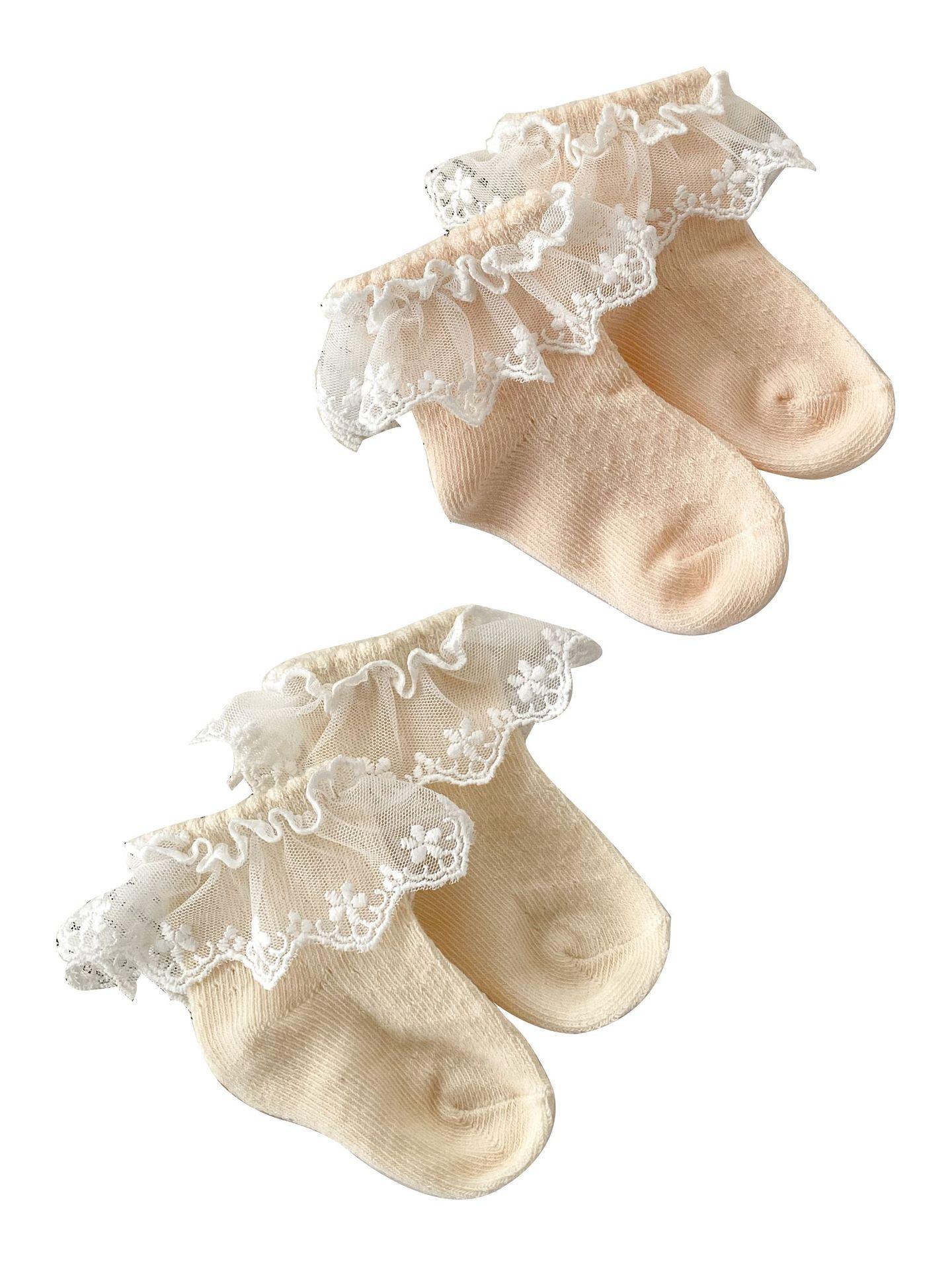 Girls Summer Breathable Mesh Cotton Socks with Lace Trim Mid-Calf Princess 80