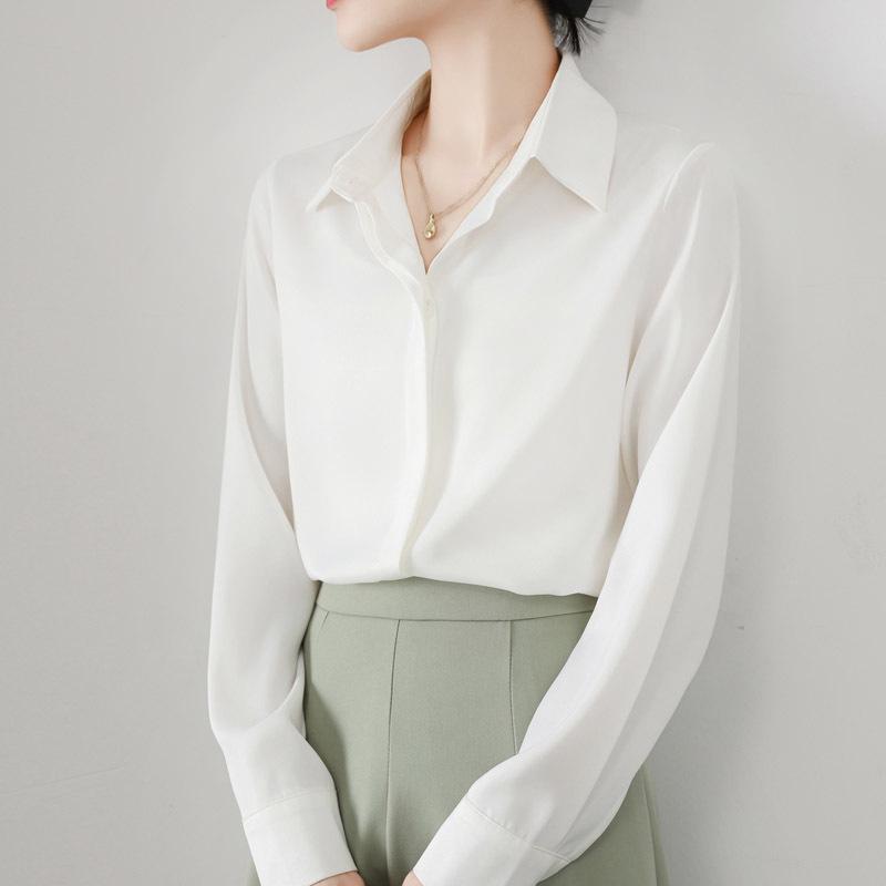 Women's Retro Satin Loose-Fit Long Sleeve Shirt - Hidden Placket, Hong Kong Style, Light Luxury for Spring & Autumn