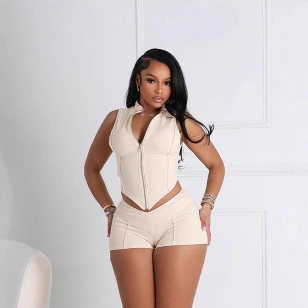 FC1376 European & American Women's Solid Color Vest and Sexy Shorts Set