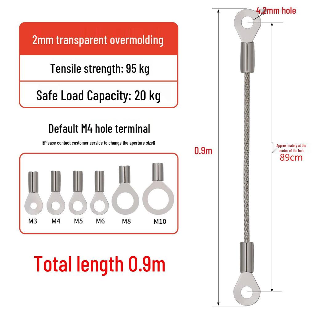 Transparent PVC Coated Stainless Steel Wire Rope with Fish Eye Terminal, 1.5mm~3mm Thick Anti-Fall Lighting Hanging Rope.