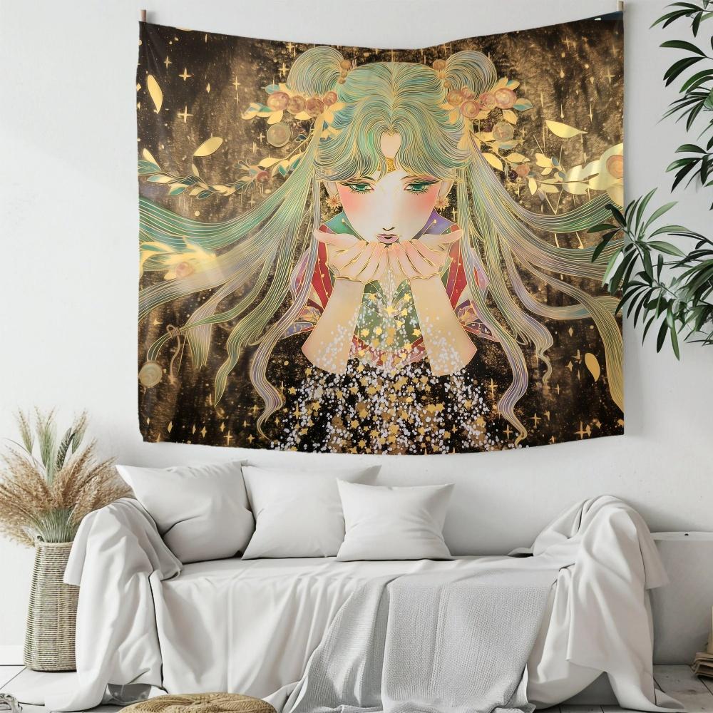 Celestial Moon Guardian Tapestry Wall Art Ethereal Anime Inspired Bedroom Decor Gold Botanical Goddess Fantasy Hanging Display
