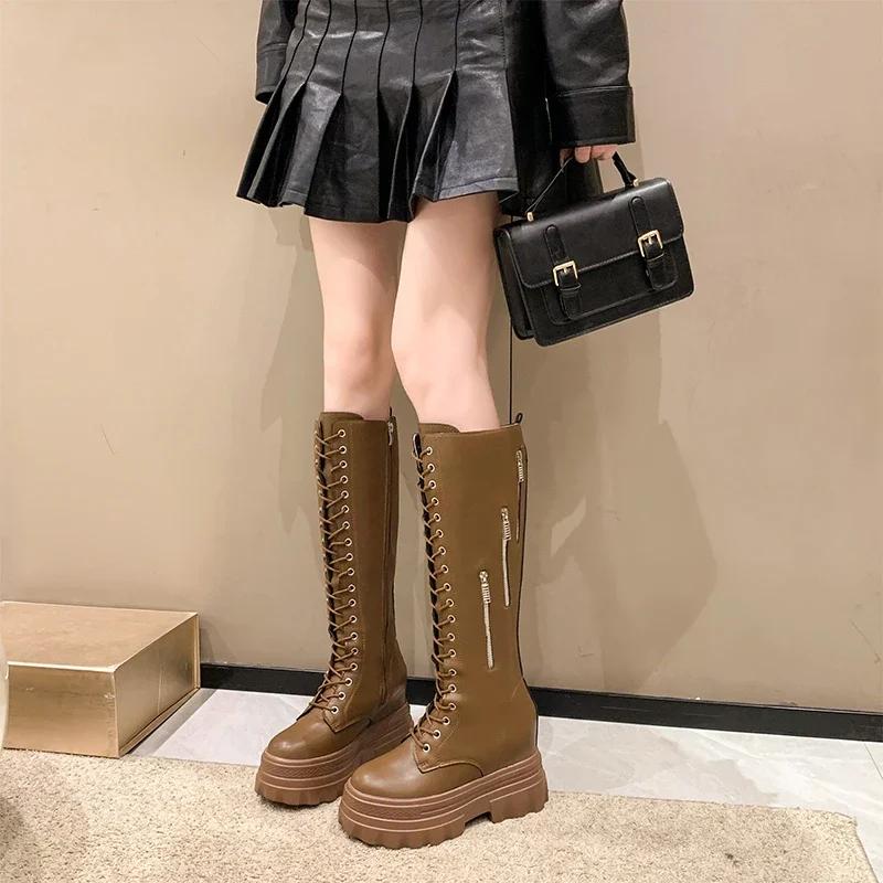Móda Dámské silné podpatky Motocyklové vysoké boty Nové zimní 11CM robustní jezdecké boty PU kůže Rytířské boty Dámské zipové vysoké boty po koleno Botas