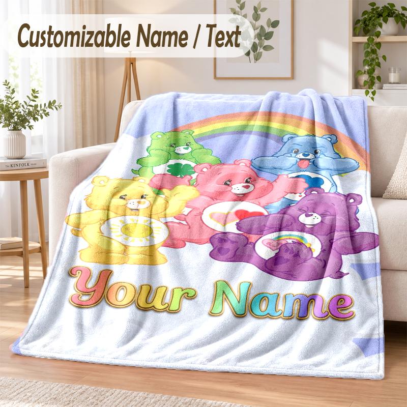 Care Bears Custom Name Flannel Throw Blanket Soft Warm for Sofa Bed Indoor Home Use