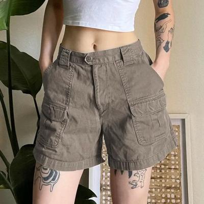 Frauen Fracht Dünne Retro Einfarbig Multi Taschen Taste Zipper Verschluss Gewaschen Streetwear Hip