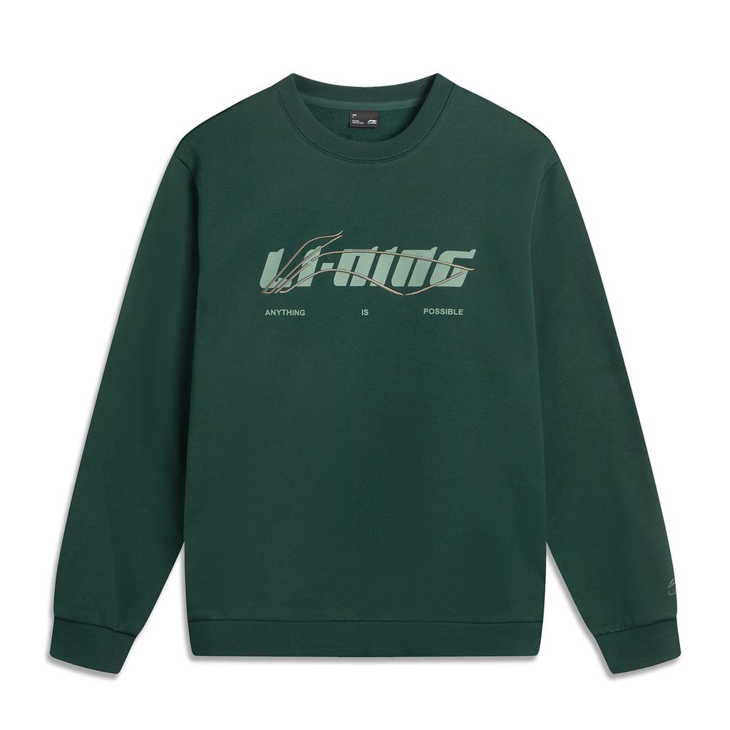 Li Ning Sports Lifestyle Series Fleece Warm Round Neck Letter Loose Sweatshirt Unisex Sweatshirt Forest-Green AWDVC63-1