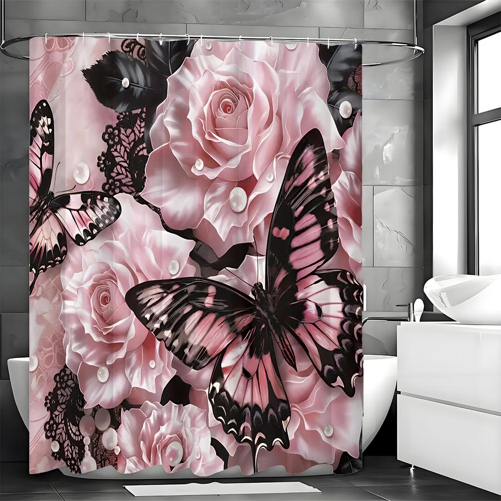 

Черно-розовая бабочка розовая роза шторка для душа, декоративная шторка для душа для ванной комнаты, водонепроницаемая шторка для душа с крючками 90*180cm