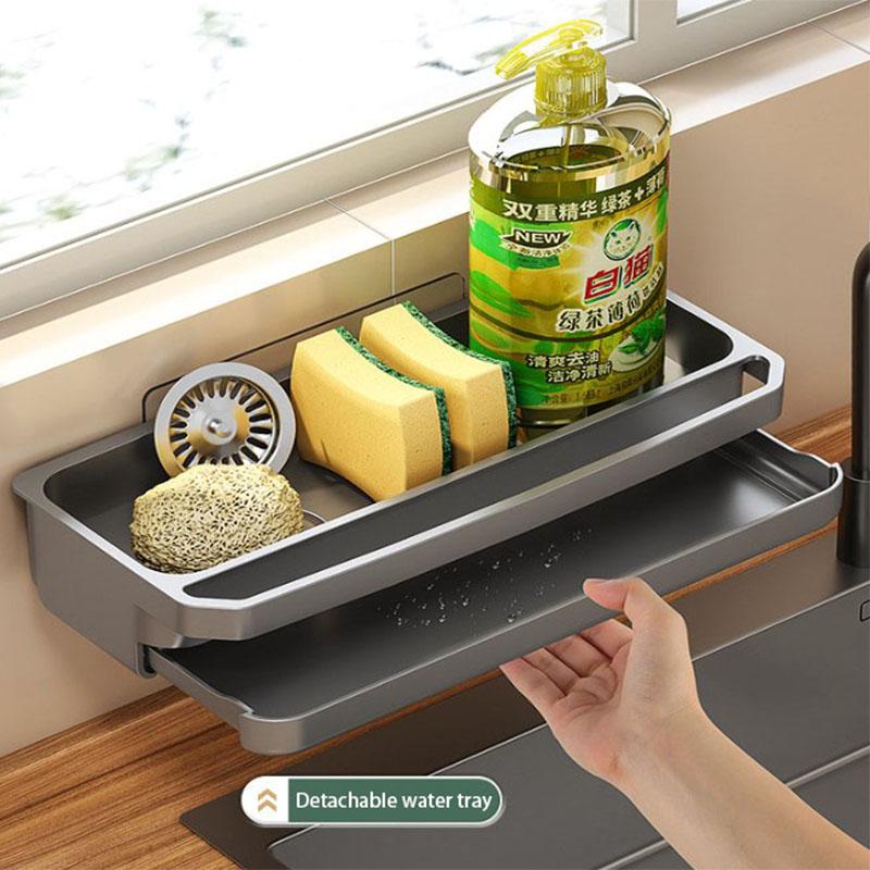 Kitchen Faucet Storage Rack Adjustable Hole-free Drain Rack With Drain Tray Sink Rack Wall-mounted Sponge Storage Shelf