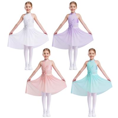 Girls Lyrical Dance Dress Figure Skating Costume Contemporary Dancewear Applique High-Low Chiffon Splice Skirted Ballet Dresses