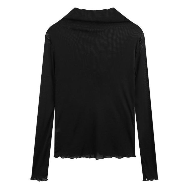 Plus-size Women’s High-neck Sun-protective Mesh Undershirt Sexy Sheer Long-sleeved T-shirt for Spring and Autumn