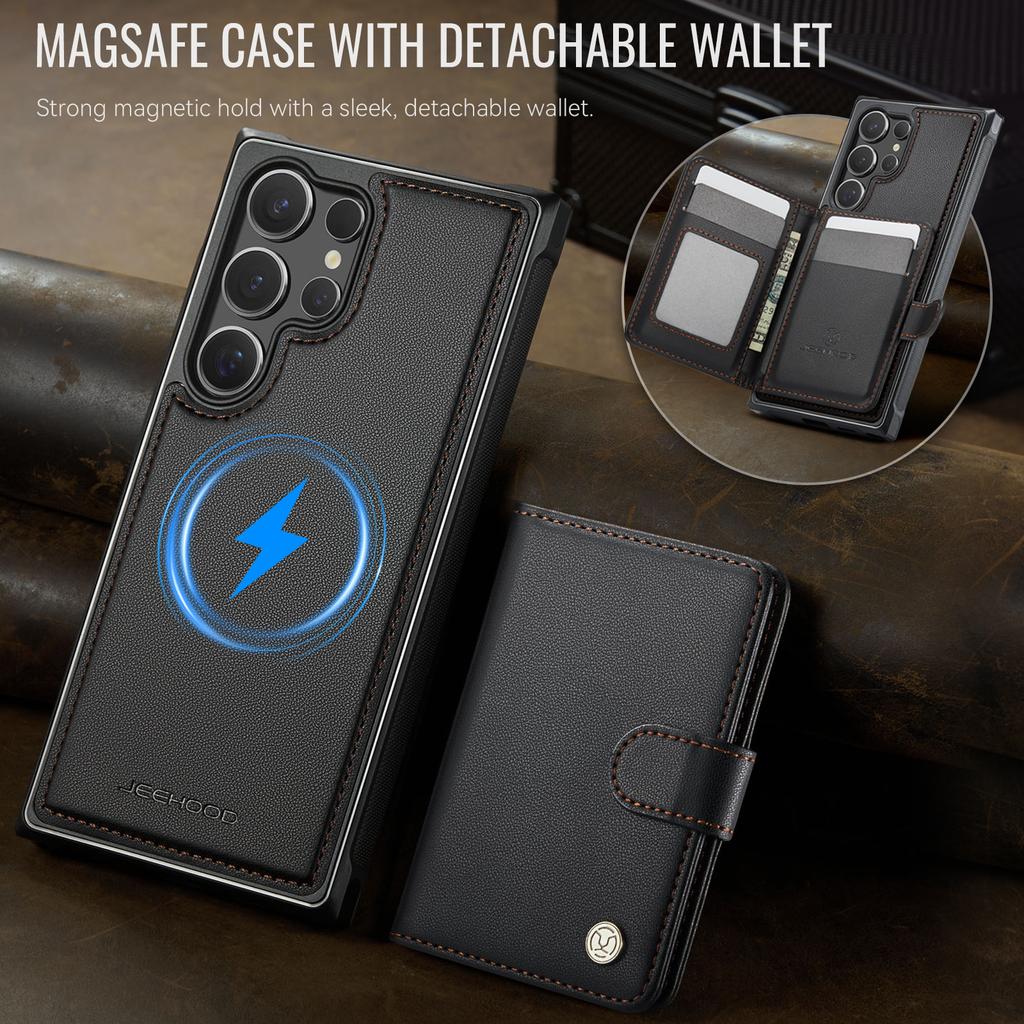Cowhide Leather Phone Case for Samsung Galaxy S26 Ultra S25 Edge S24 Plus S23 FE S22 S21 S20 Note20 Detachable Magnetic Card Bag