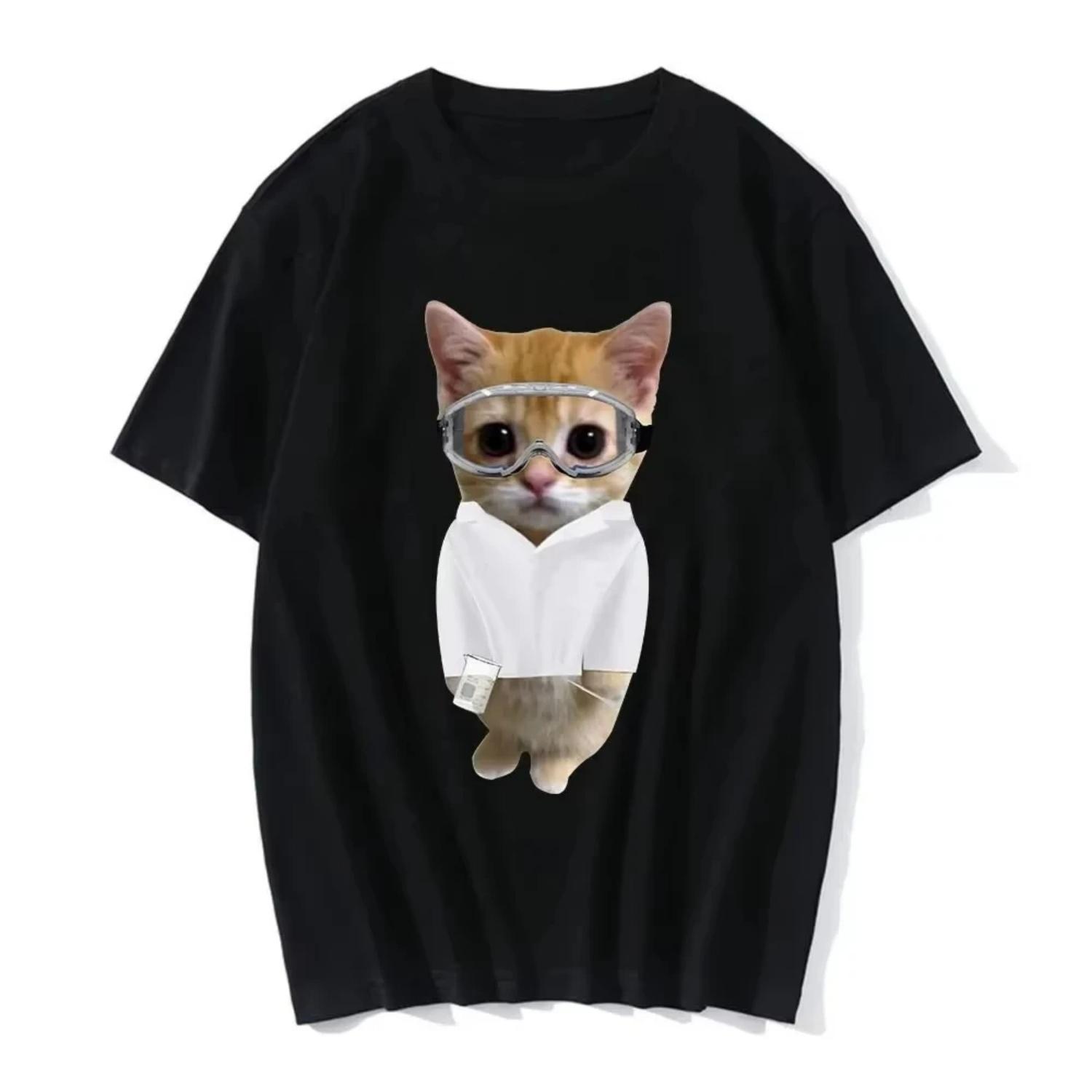 Funny Cat Print Women Casual Oversized T-Shirt Women Men Harajuku T Shirts Girl Boy Casual Fashion Clothes S чёрный
