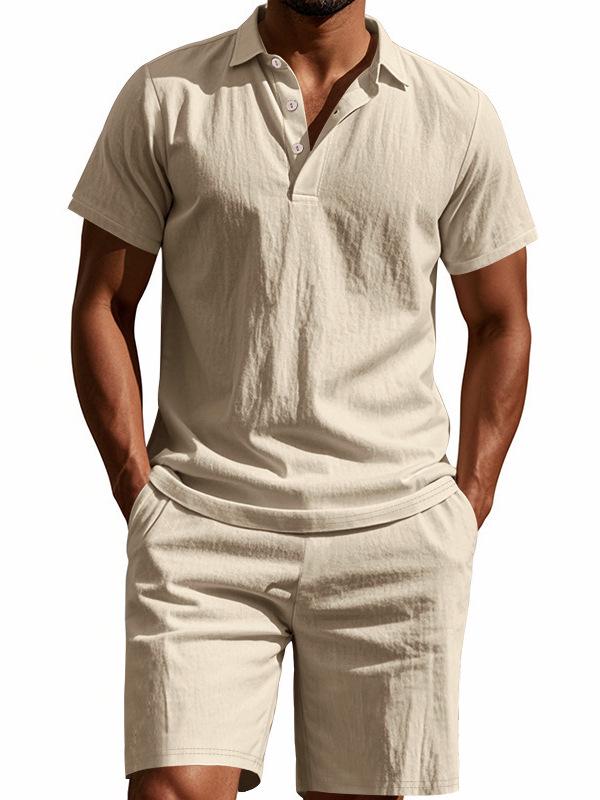 Men's Summer Sporty Cotton Linen Two-Piece Set: Breathable Short Sleeve Polo Shirt & Lapel Shorts