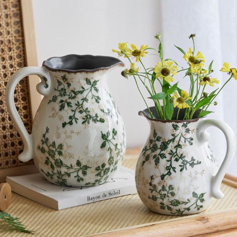 American Country Crackle Glaze Ceramic Milk Jug Vase - Pastoral Feng Shui Flower Arrangement Retro Decor