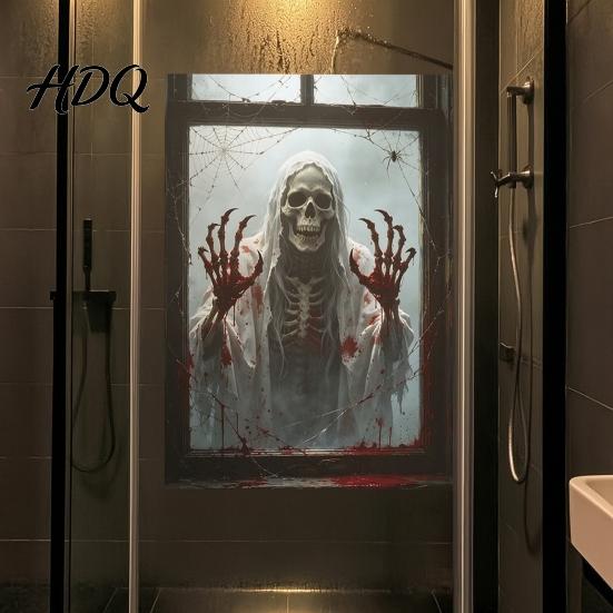 Creepy Window Posters Skeleton Frame Wall Sticker for Halloween Horror Decoration, Reusable Art Decor 3D Scary Stickers with Spider Web Design,