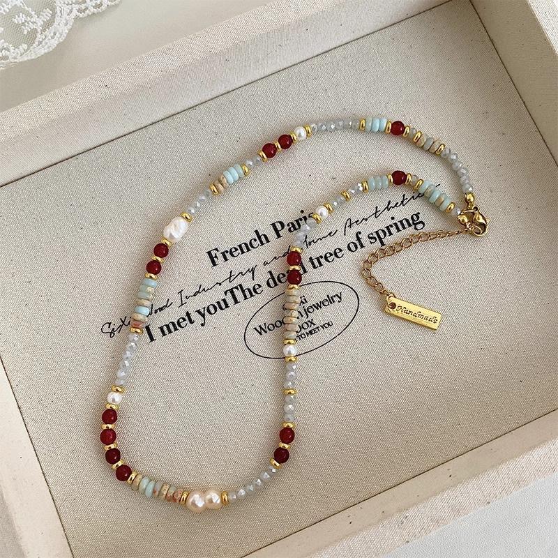 Beaded Gemstone Necklaces for Women Vibrant Summer Bohemian Choker Colorful Pearl Bib Necklace Stackable Lustrous Layers