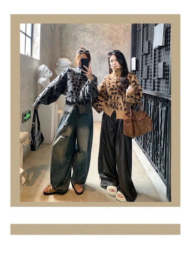 Women's High-End Leopard Print Knitted Cardigan: Luxury Long Sleeve Sweater Coat for Autumn & Winter.