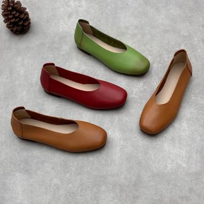 Genuine Leather Square Toe Single Shoes Mary Jane Flat Bottom Casual Cowhide Granny Shoes