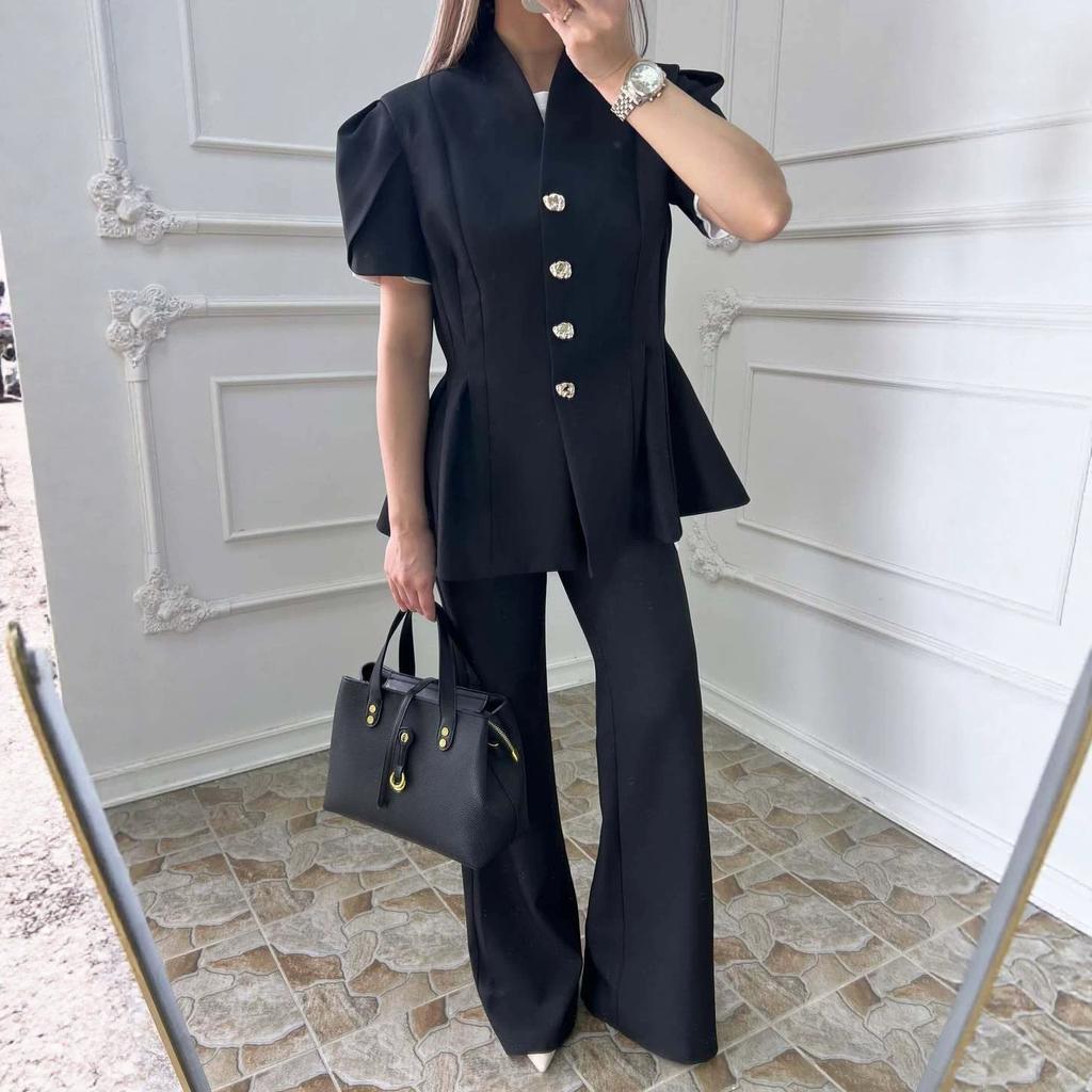 European and women's clothing new solid color button stand-up collar short sleeve waist wide swing top wide leg pants set