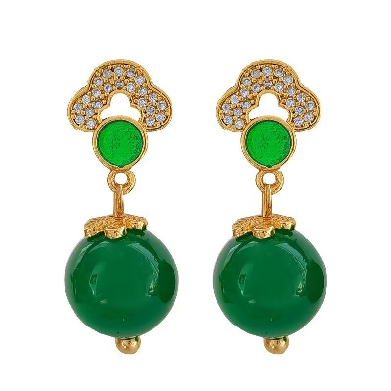 New Chinese-Style Earrings Versatile High-End Light Luxury Round Diamond Emerald Earrings Niche Temperament Zircon Earrings Earrings Ear Jewelry