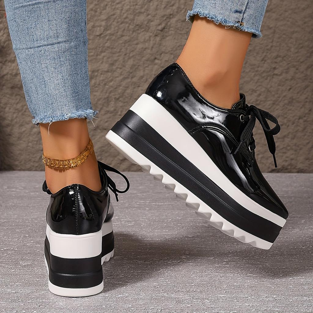 Scarpe con Plateau e Punta Quadrata Stile Britannico per Donna Suola Spessa Rialzanti Snella Antiscivolo Leggere Scarpe All-Match con Lacci