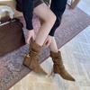 Inner Height Increasing Pointed Suede Skinny Medium Tube Knight Boots Women's Boots 2025 Fall Winter Western Cowboy Pile Boots
